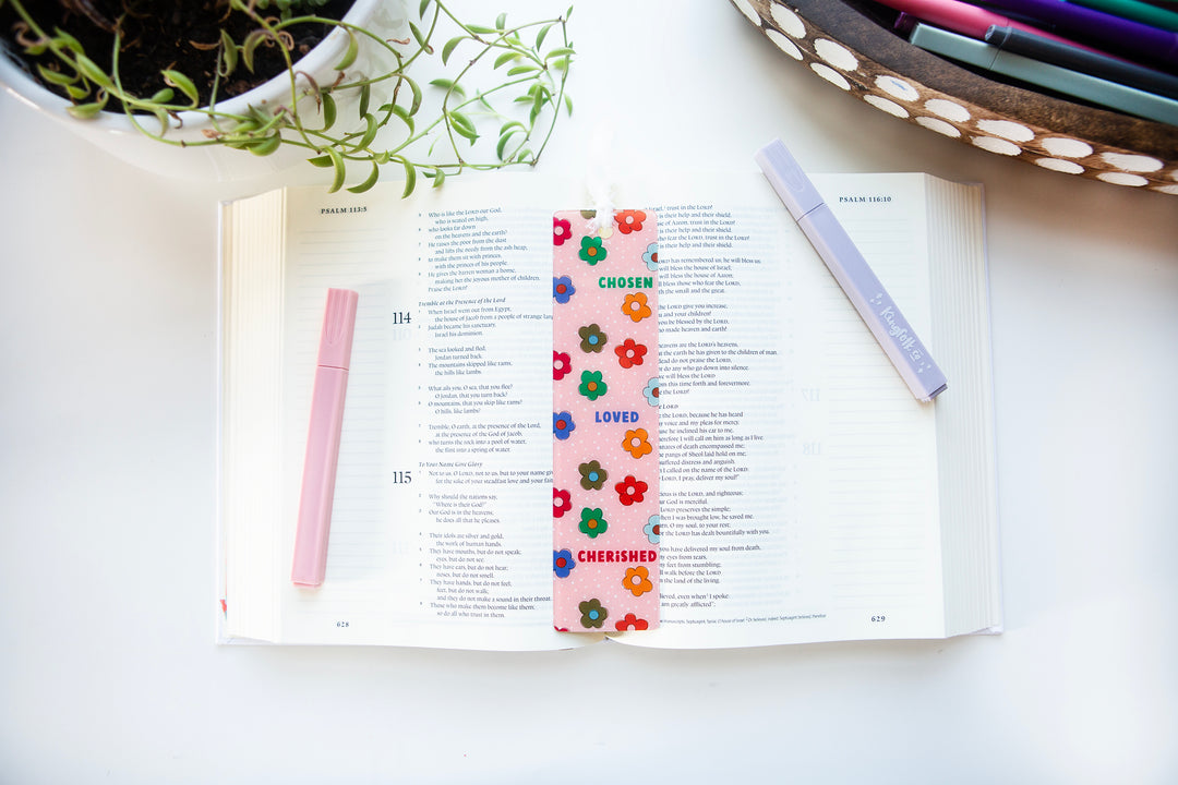 Chosen. Loved. Cherished. Dots + Daisies Acrylic Bookmark - Kingfolk Co