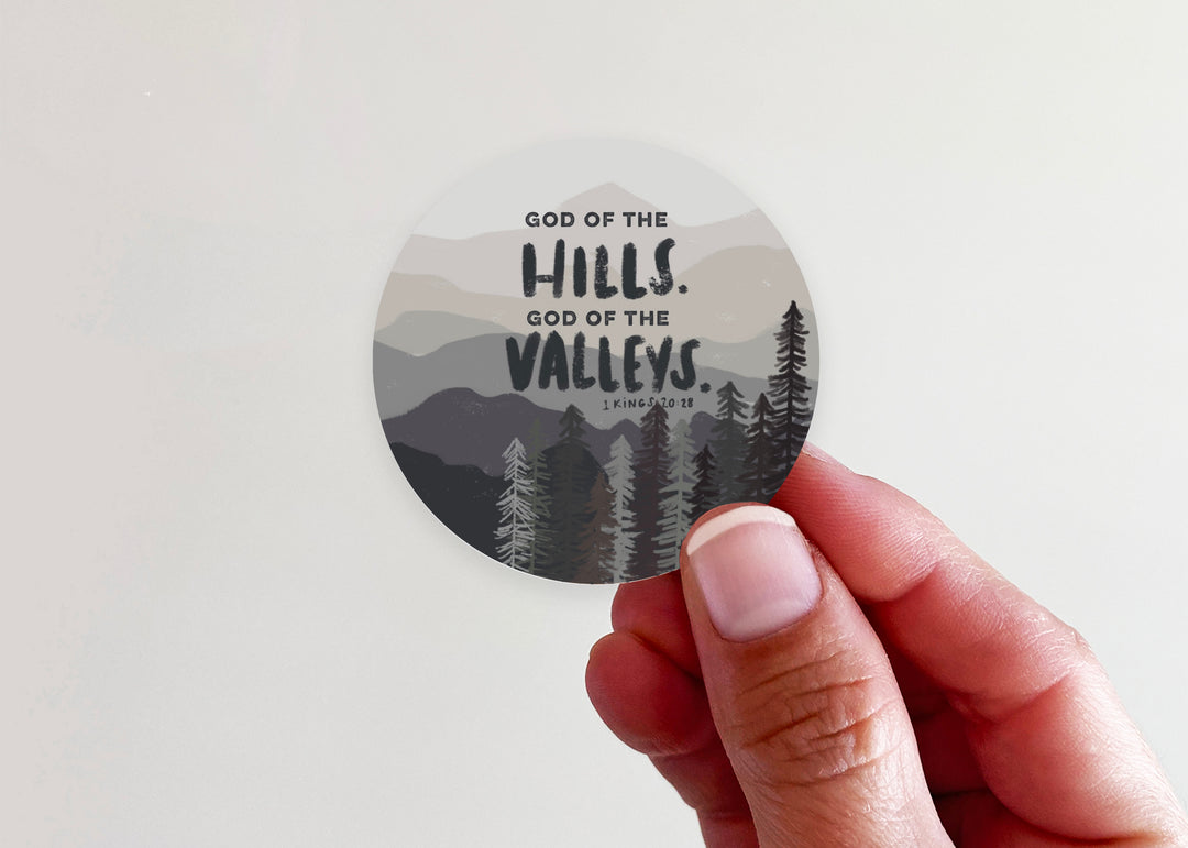 God of the Hills. God of the Valleys. Vinyl Sticker - Mountain Grey Circle - Kingfolk Co